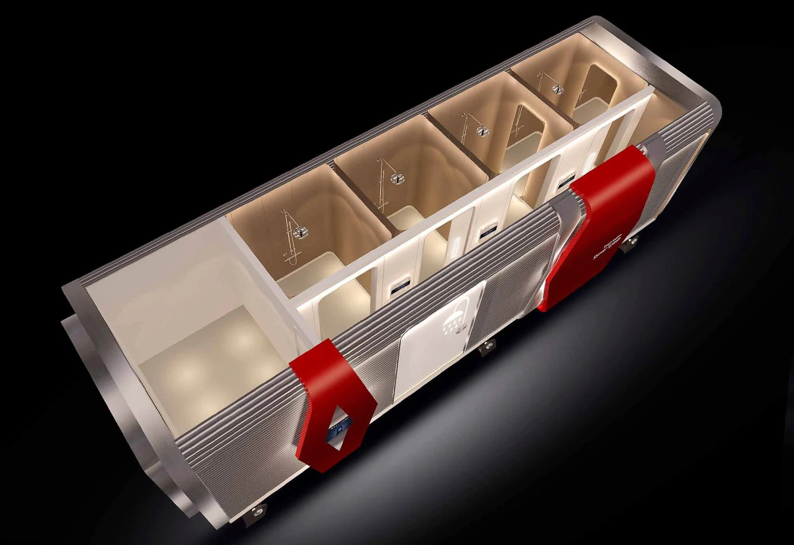 Cutaway render of the shower unit: four pods inside a shipping container, with the branded entrance module.