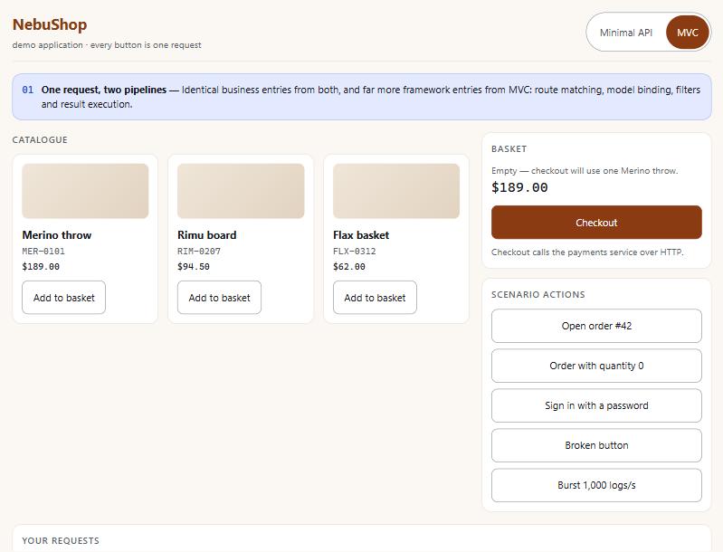 The NebuShop demo application, which generates real traffic for the guided demos
