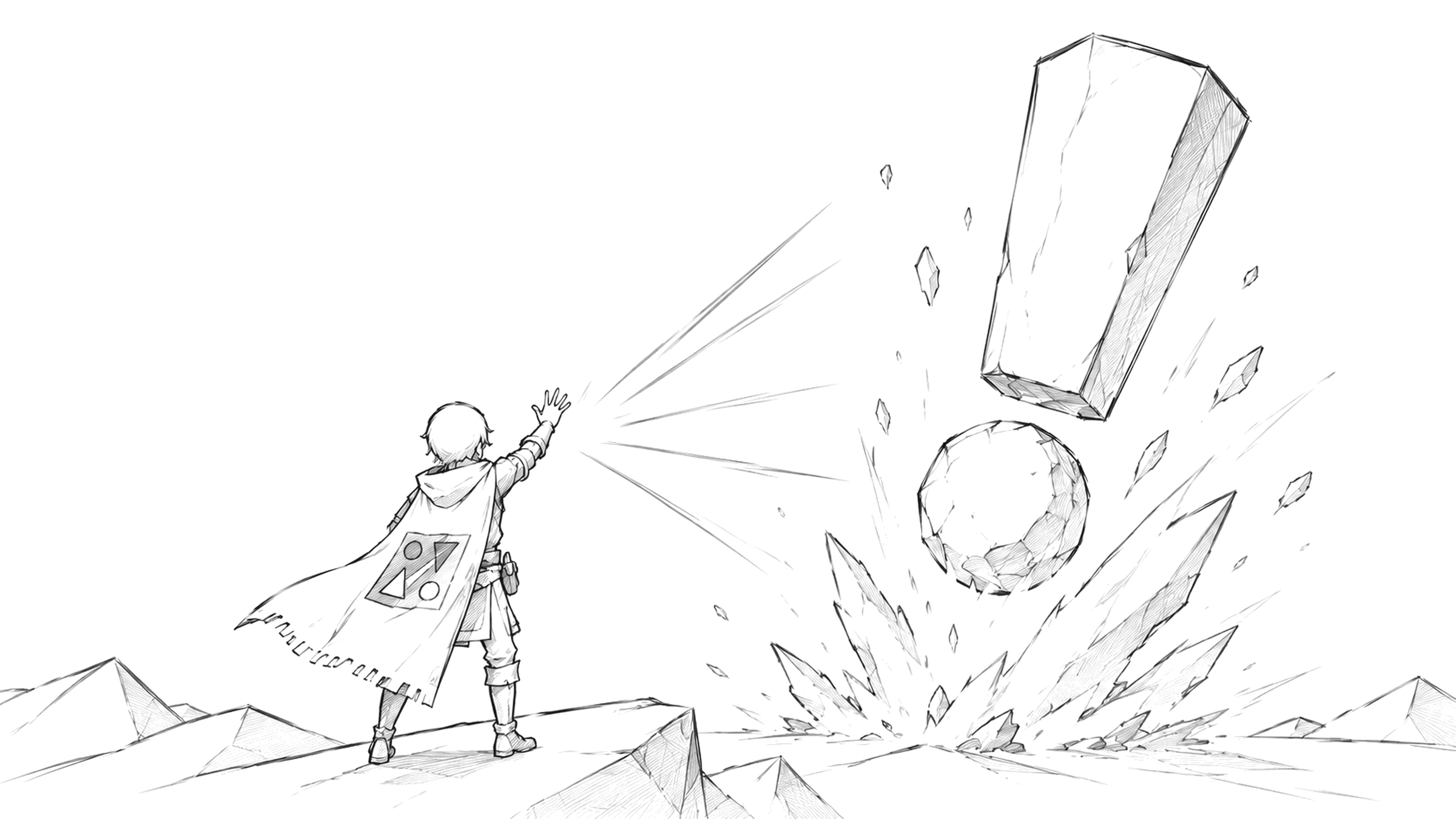 Ink drawing: a small figure on a ridge raises a hand; a tapering monolith and the boulder beneath it break apart across the valley — the imady mark, staged.